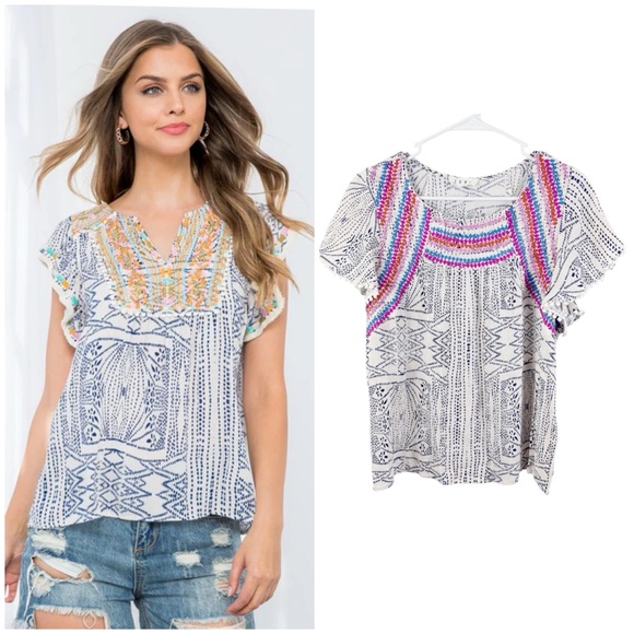 THML Tops - THML Embroidered Flutter Sleeve Top